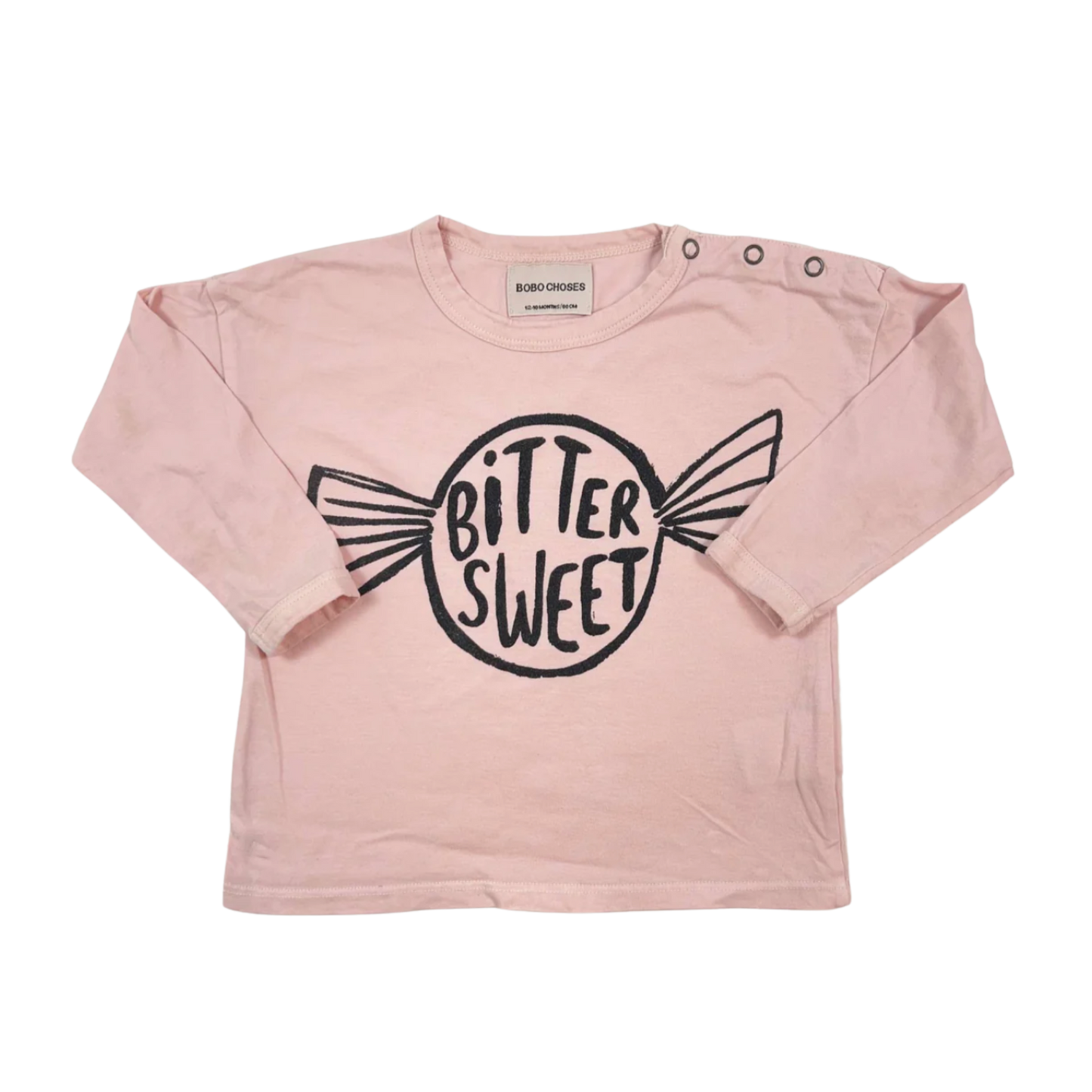 Pre-loved Bobo Choses "Bitter Sweet" long sleeve t-shirt in pink, made from 100% organic cotton. 