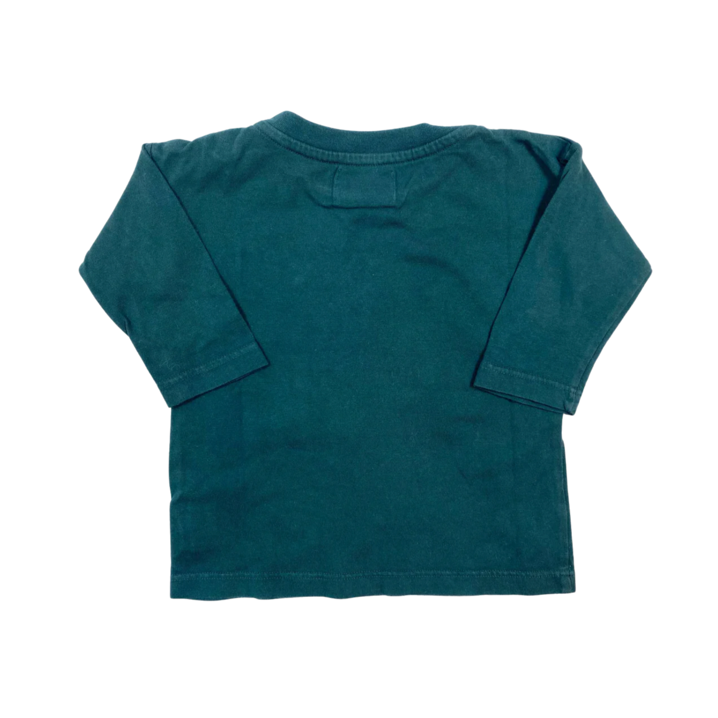 Pre-loved Bobo Choses "We Cosmos" long sleeve t-shirt in dark green, made from 100% organic cotton. 
