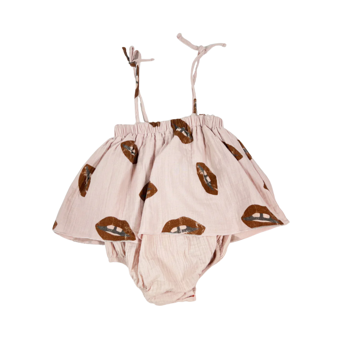 Pre-loved Piupiuchick Pink Lips muslin romper dress, made from 100% cotton.