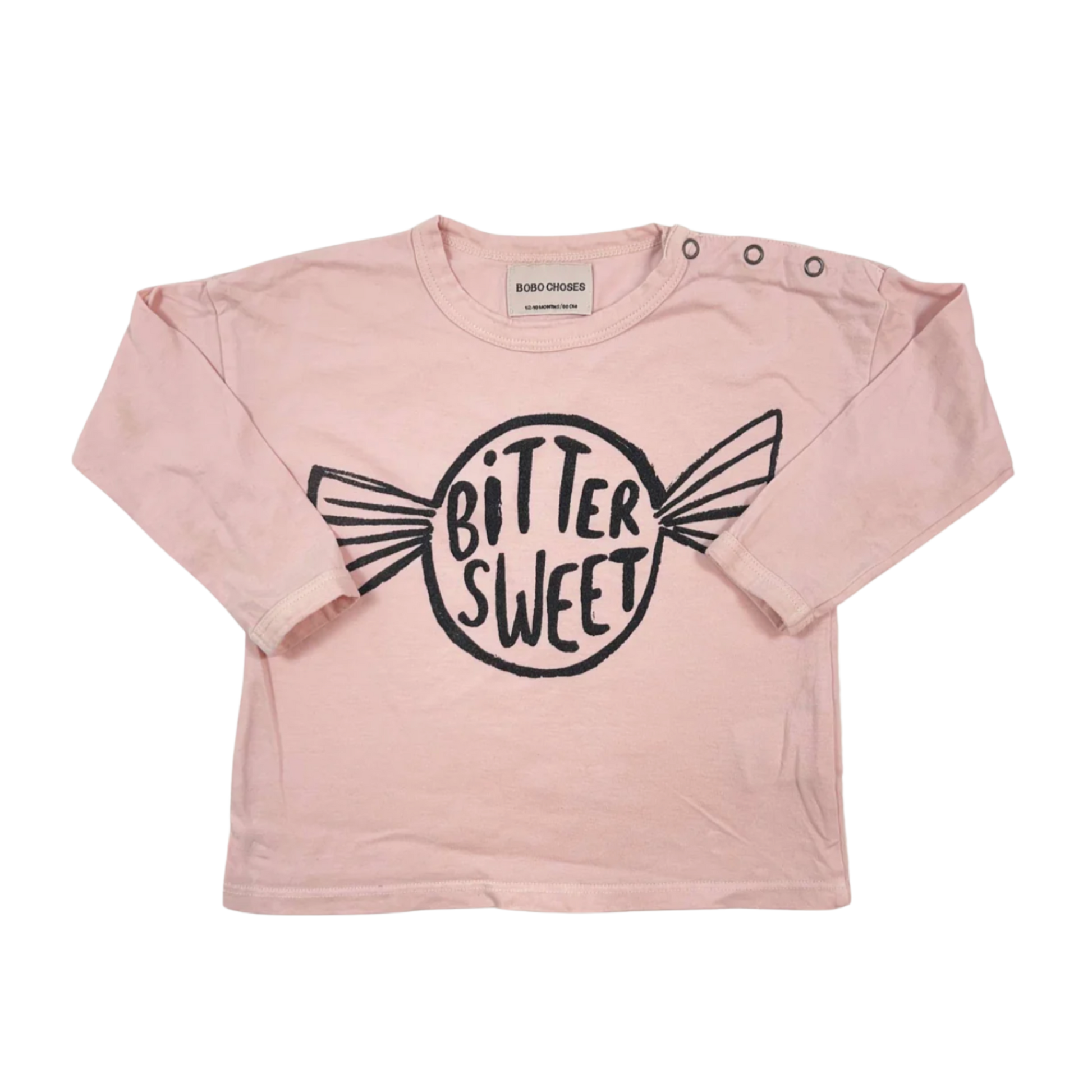 Pre-loved Bobo Choses "Bitter Sweet"&nbsp;long sleeve t-shirt in pink, made from 100% organic cotton.&nbsp;