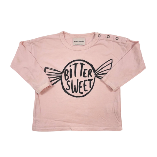 Pre-loved Bobo Choses "Bitter Sweet"&nbsp;long sleeve t-shirt in pink, made from 100% organic cotton.&nbsp;