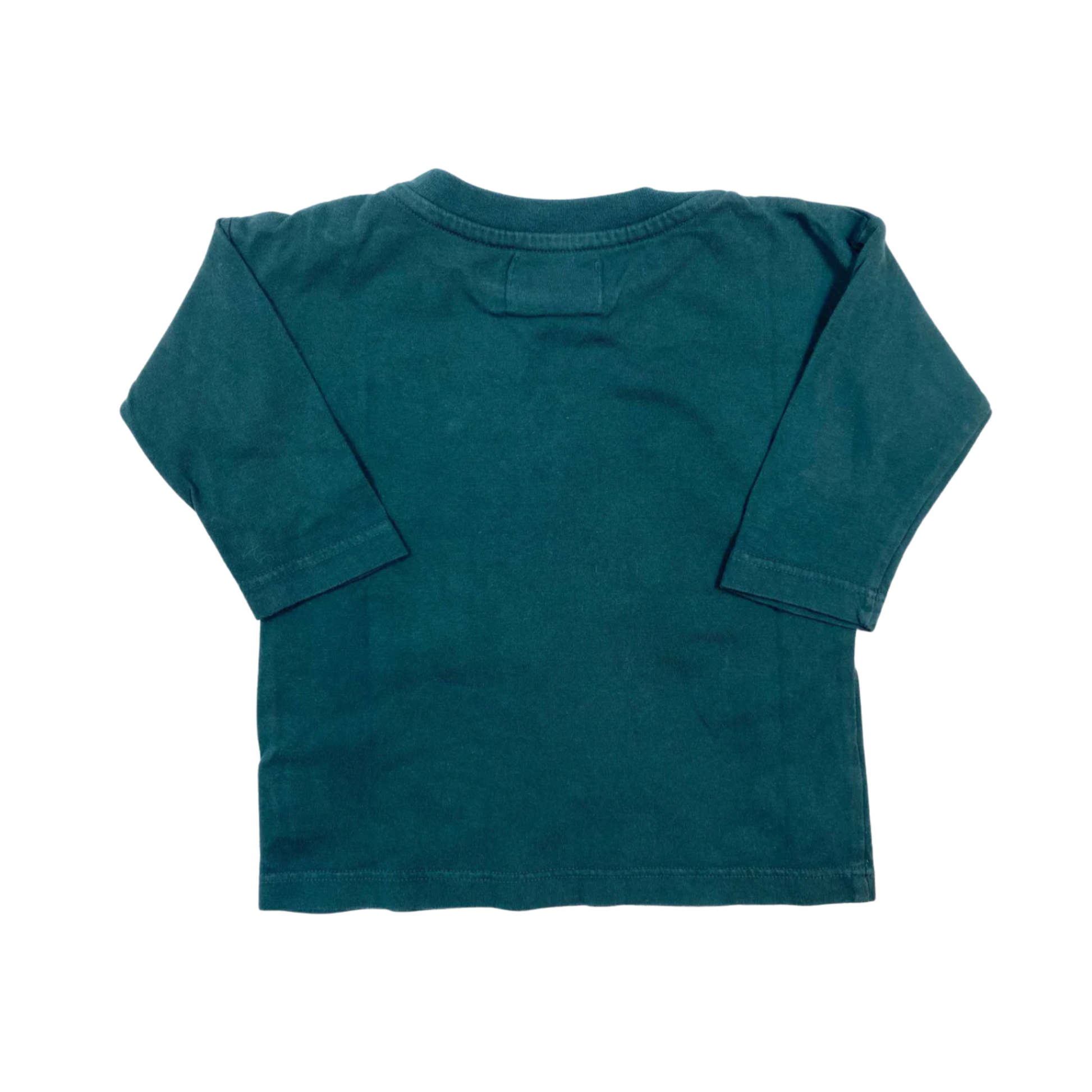 Pre-loved Bobo Choses "We Cosmos" long sleeve t-shirt in dark green, made from 100% organic cotton.&nbsp;