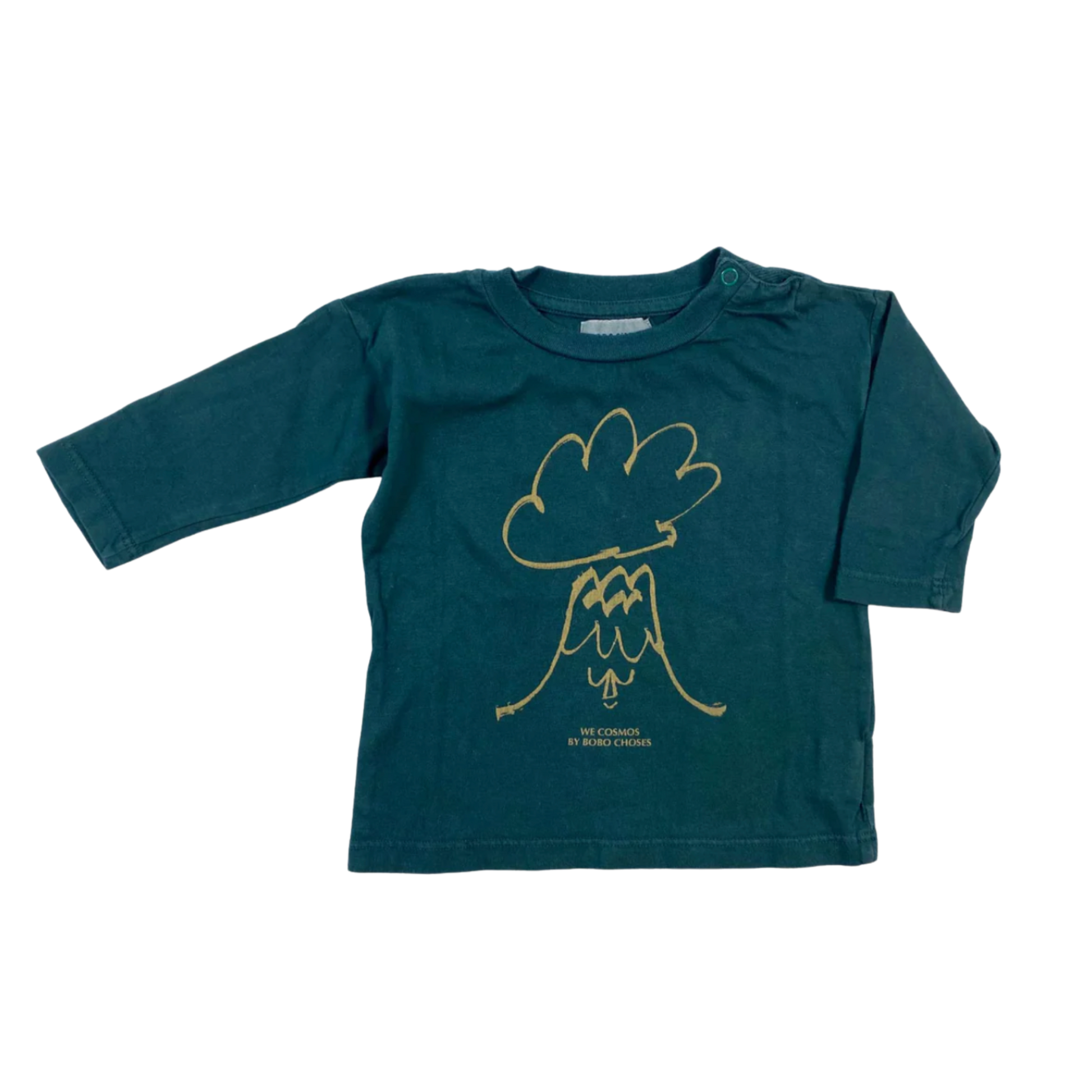 Pre-loved Bobo Choses "We Cosmos" long sleeve t-shirt in dark green, made from 100% organic cotton.&nbsp;
