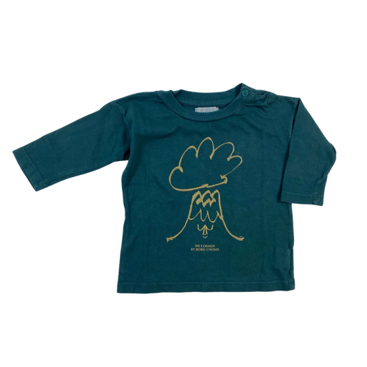 Pre-loved Bobo Choses "We Cosmos" long sleeve t-shirt in dark green, made from 100% organic cotton.&nbsp;